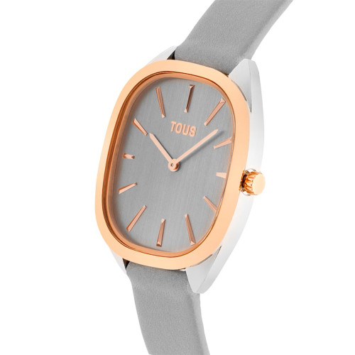 Reloj Tous Heritage de acero IP rosa con correa de piel gris